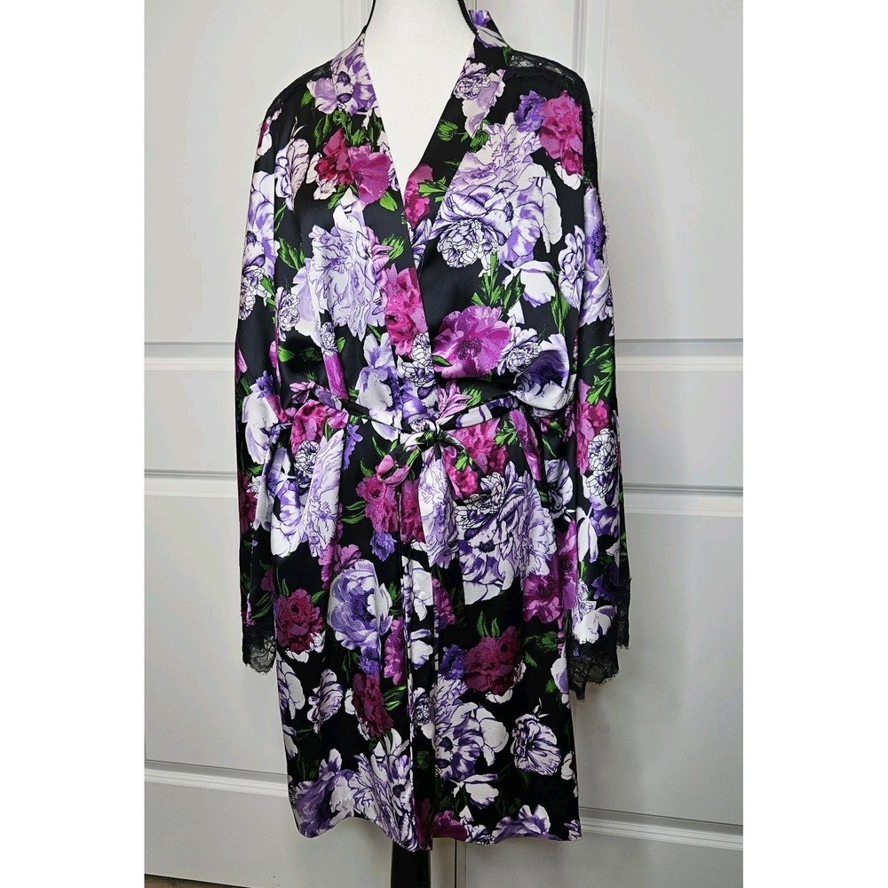 Victorias Secret Satin Kimono Robe Size XL Floral Lace Sexy Romantic Intimate